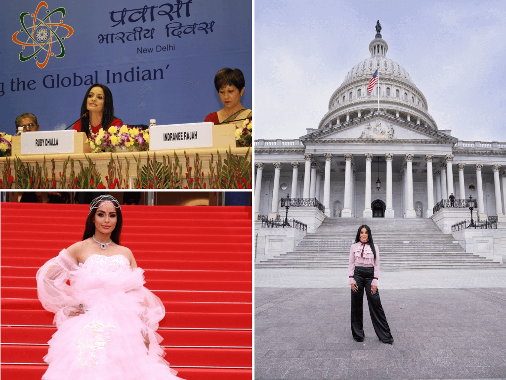 Clockwise: At Whitehouse Capitol Hill, Cannes Red Carpet, Honored as One of 10 Global Indians Honored by the Prime Minister of India