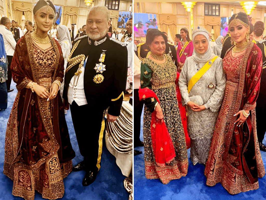 Dr. Ruby Dhalla with her mother at the coronation of the 17th King of Malaysia in July 2024. (L) Dr. Dhalla with King of Malaysia. (R) Mrs. Dhalla & Dr. Dhalla with the Queen of Malaysia.