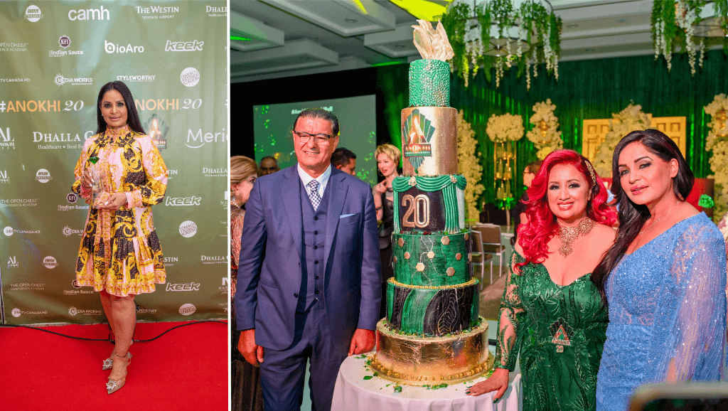 (L): Dr. Ruby Dhalla Wins the Excellence in Business & Politics Award at ANOKHI's 20th Anniversary Event in 2024 | (R): Jacob Arabo (Jacob & Co Watches), Winner of the first Dr. Neil Dhalla Award of Excellence at the 20th Anniversary Cake Cutting Ceremony of ANOKHI with Raj Girn and Dr. Ruby Dhalla. Photo Credit: ANOKHI LIFE / Nisarg Media Productions.